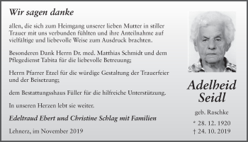 Traueranzeige von Adelheid Seidl von FZ