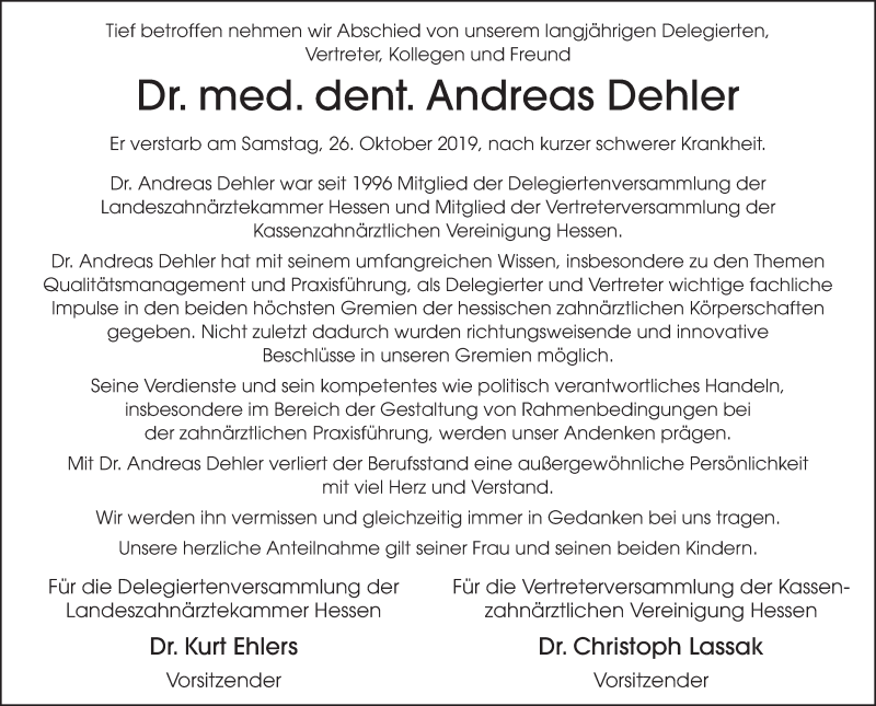  Traueranzeige für Andreas Dehler vom 05.11.2019 aus FZ