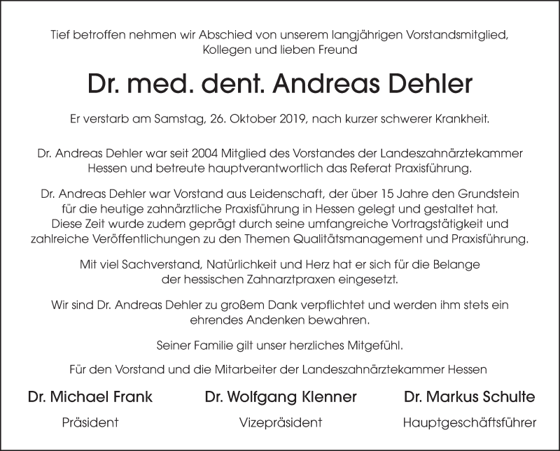  Traueranzeige für Andreas Dehler vom 05.11.2019 aus FZ
