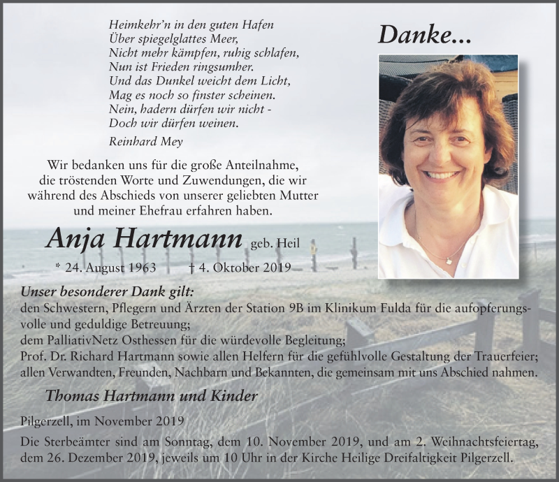  Traueranzeige für Anja Hartmann vom 06.11.2019 aus FZ