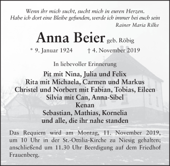 Traueranzeige von Anna Beier von FZ