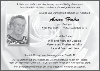 Traueranzeige von Anna Hahn von FZ