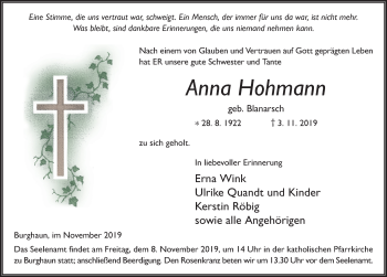 Traueranzeige von Anna Hohmann von FZ