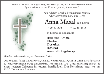 Traueranzeige von Anna Masal von FZ