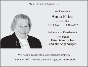 Traueranzeige von Anna Pabst von FZ