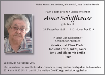 Traueranzeige von Anna Schiffhauer von FZ