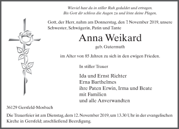 Traueranzeige von Anna Weikard von FZ