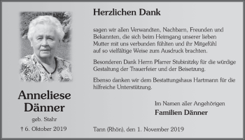 Traueranzeige von Anneliese Dänner von FZ
