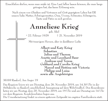 Traueranzeige von Anneliese Krieg von FZ