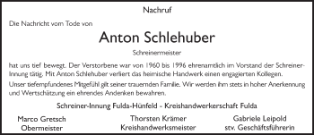 Traueranzeige von Anton Schlehuber von FZ