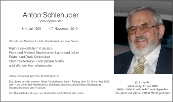 Traueranzeige von Anton Schlehuber von FZ