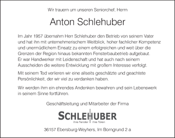 Traueranzeige von Anton Schlehuber von FZ