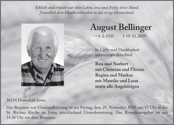Traueranzeige von August Bellinger von FZ