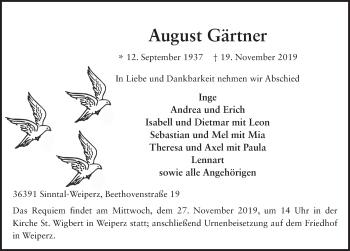 Traueranzeige von August Gärtner von FZ