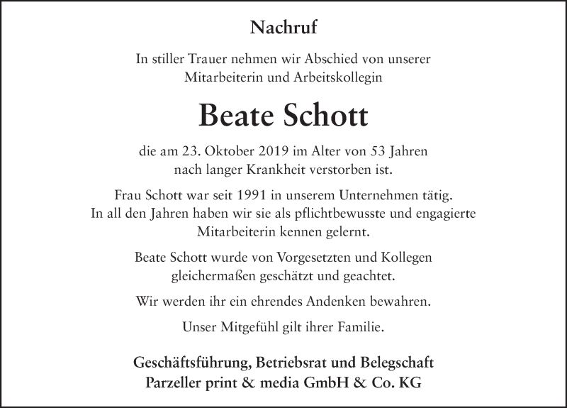  Traueranzeige für Beate Schott vom 01.11.2019 aus FZ