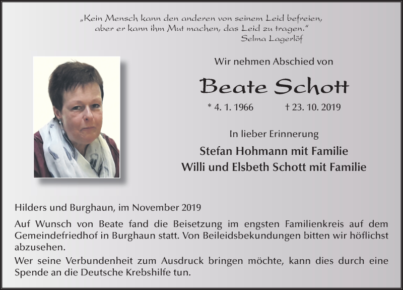  Traueranzeige für Beate Schott vom 01.11.2019 aus FZ