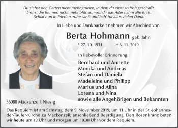 Traueranzeige von Berta Hohmann von FZ