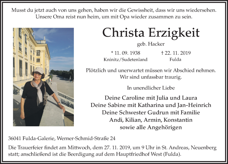  Traueranzeige für Christa Erzigkeit vom 26.11.2019 aus FZ