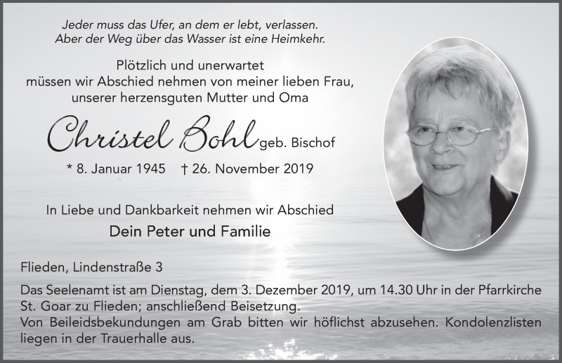  Traueranzeige für Christel Bohl vom 30.11.2019 aus FZ