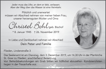 Traueranzeige von Christel Bohl von FZ