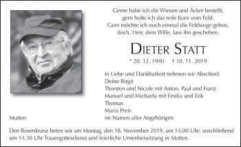 Traueranzeige von Dieter Statt von FZ