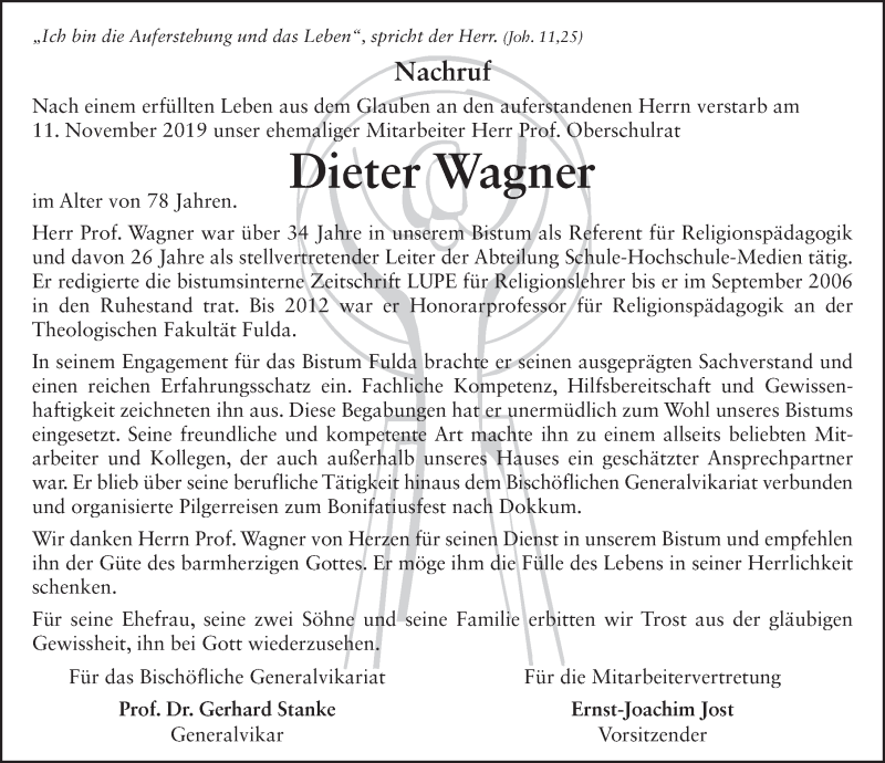  Traueranzeige für Dieter Wagner vom 13.11.2019 aus FZ
