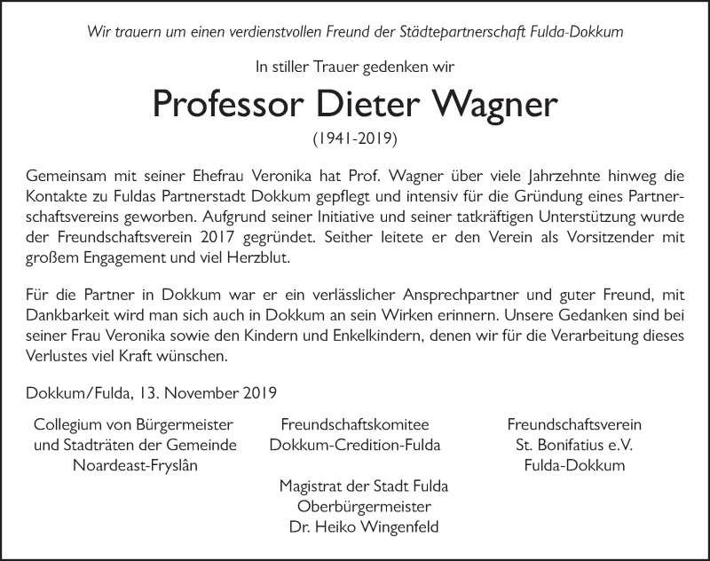  Traueranzeige für Dieter Wagner vom 14.11.2019 aus FZ