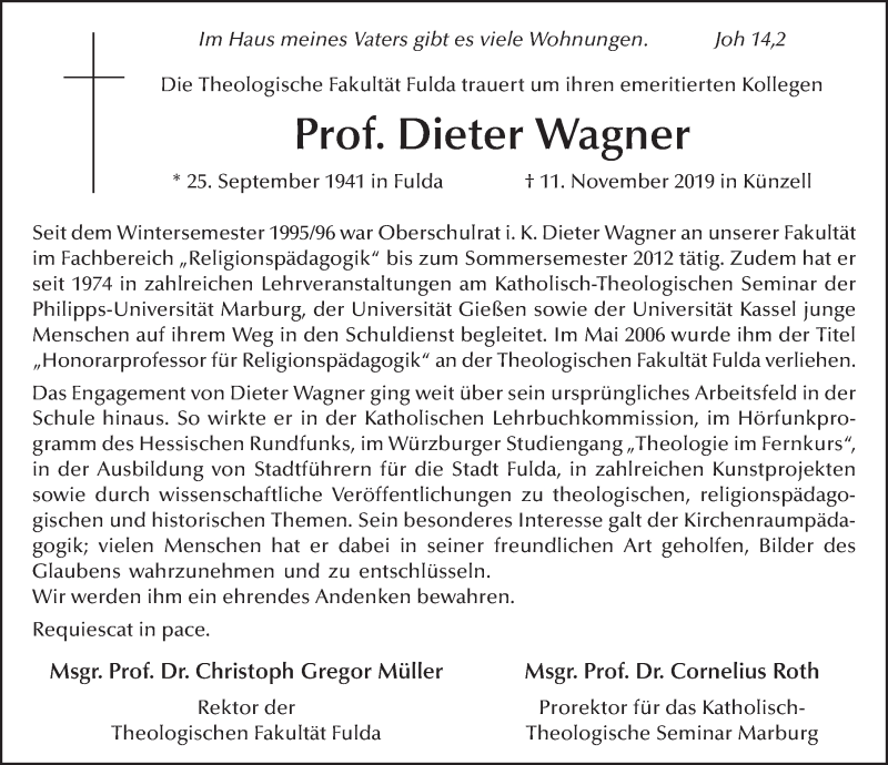  Traueranzeige für Dieter Wagner vom 13.11.2019 aus FZ