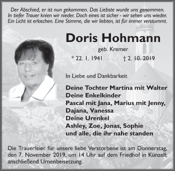 Traueranzeige von Doris Hohmann von FZ