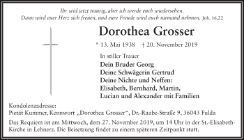 Traueranzeige von Dorothea Grosser von FZ