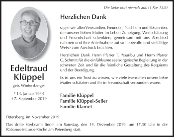 Traueranzeige von Edeltraud Klüppel