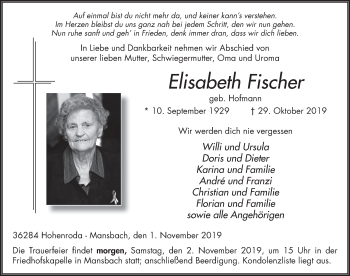 Traueranzeige von Elisabeth Fischer von FZ