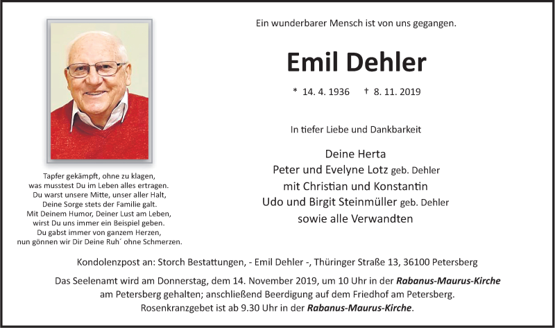  Traueranzeige für Emil Dehler vom 12.11.2019 aus FZ