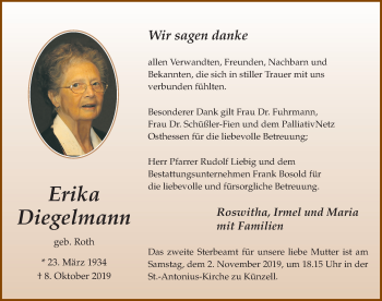 Traueranzeige von Erika Diegelmann von FZ