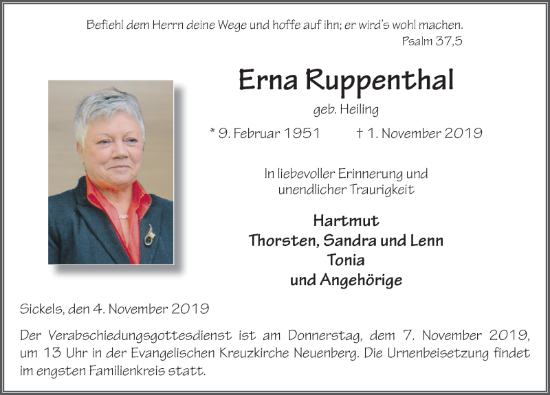  Traueranzeige für Erna Ruppenthal vom 04.11.2019 aus FZ