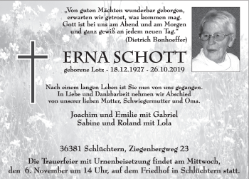 Traueranzeige von Erna Schott von FZ