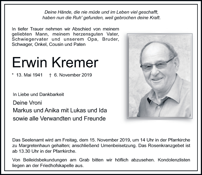  Traueranzeige für Erwin Kremer vom 12.11.2019 aus FZ