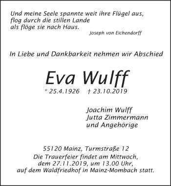 Traueranzeige von Eva Wulff von FZ