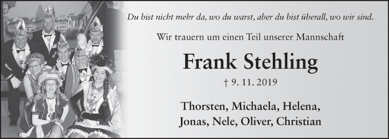  Traueranzeige für Frank Stehling vom 13.11.2019 aus FZ