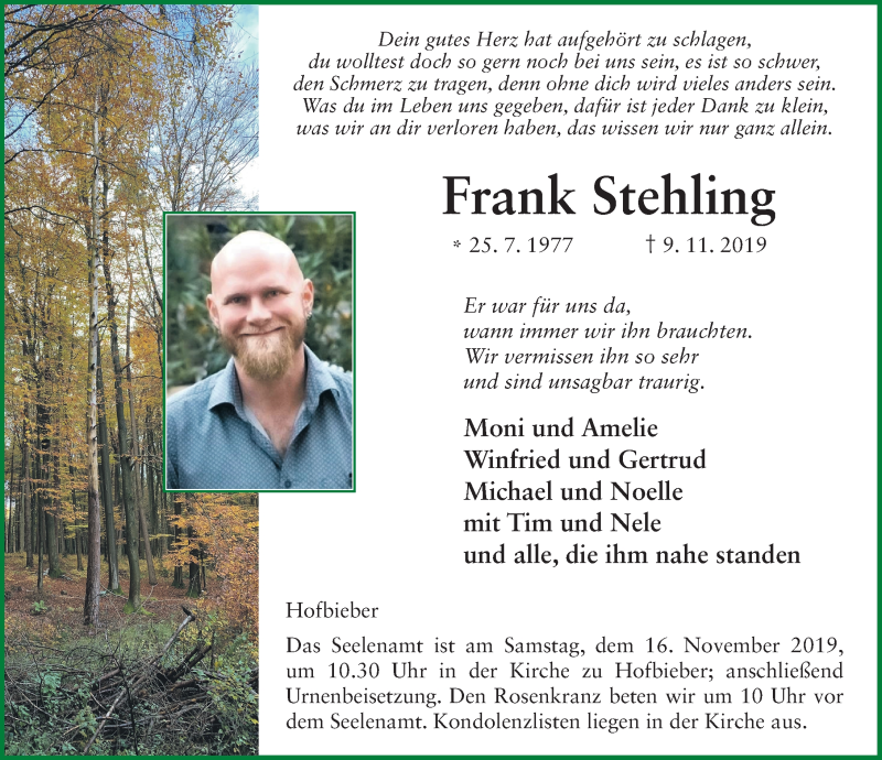  Traueranzeige für Frank Stehling vom 13.11.2019 aus FZ