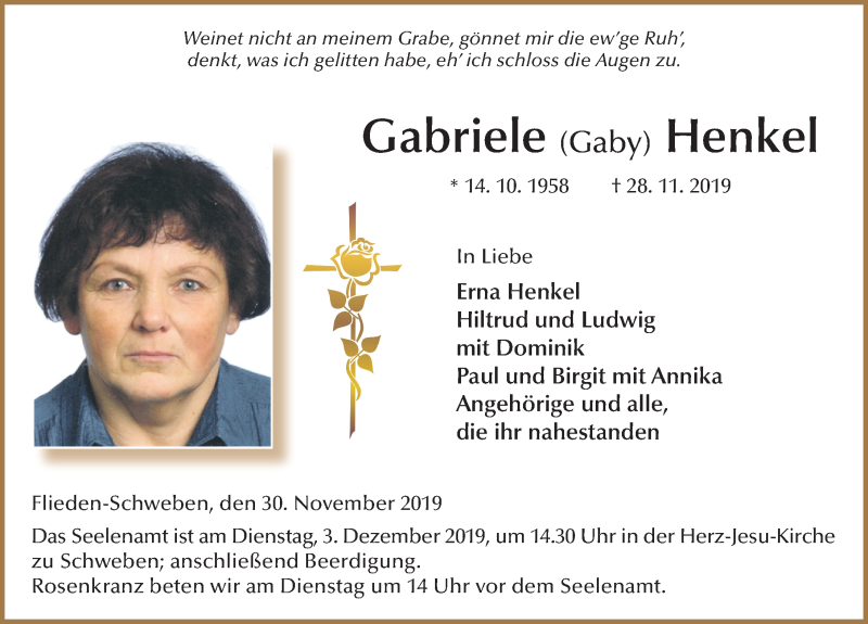  Traueranzeige für Gabriele Henkel vom 30.11.2019 aus FZ