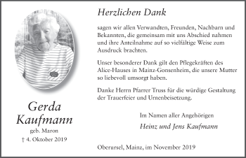 Traueranzeige von Gerda Kaufmann von FZ