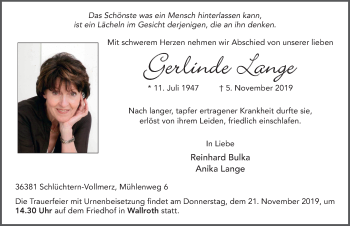 Traueranzeige von Gerlinde Lange von FZ