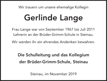 Traueranzeige von Gerlinde Lange von FZ