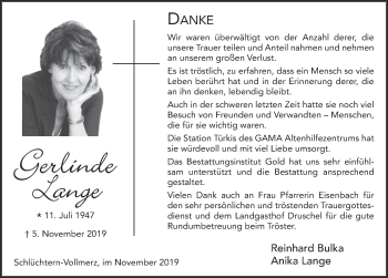 Traueranzeige von Gerlinde Lange von FZ