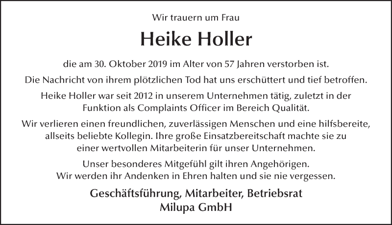  Traueranzeige für Heike Holler vom 05.11.2019 aus FZ