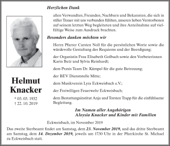 Traueranzeige von Helmut Knacker von FZ
