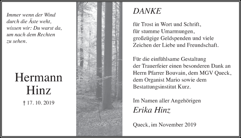  Traueranzeige für Hermann Hinz vom 26.11.2019 aus FZ