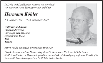 Traueranzeige von Hermann Köhler von FZ