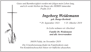 Traueranzeige von Ingeborg Weidemann von FZ